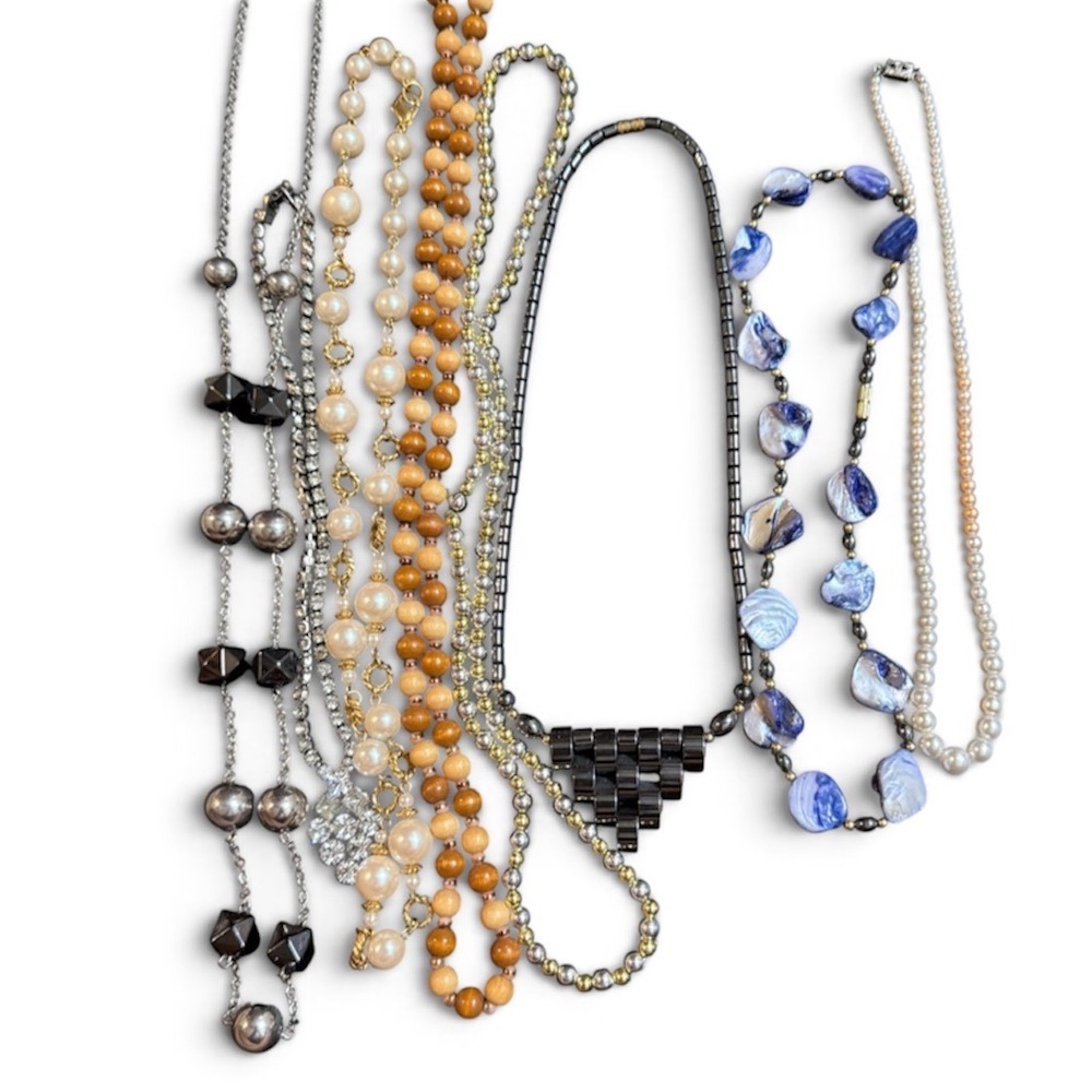 Vintage and Modern Fashion Necklace Lot Faux Pearl Wood Shell Beaded  Set